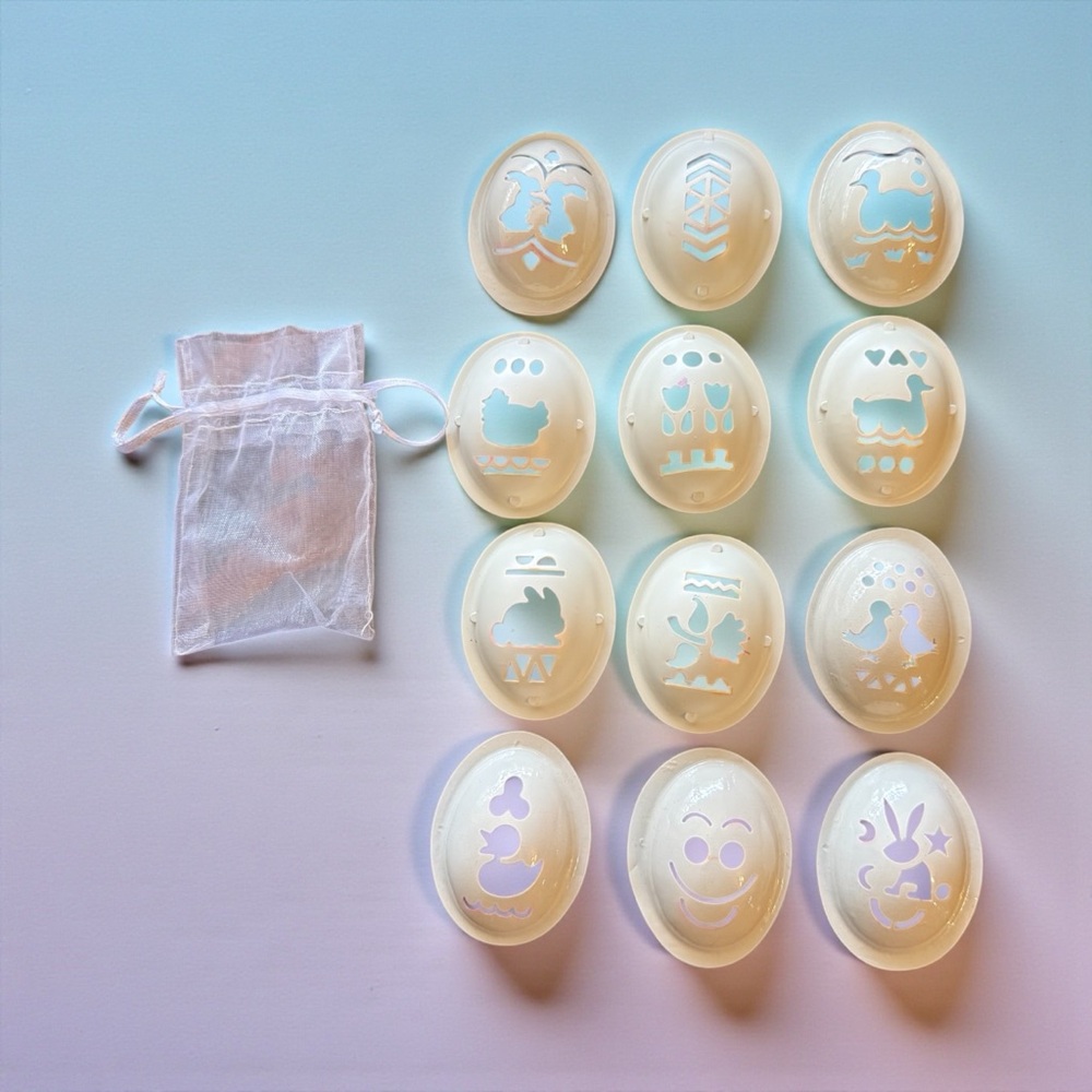 12pc Easter Egg Stencil Set Bunny Chick Duck Designs w/ Organza Bag